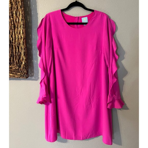 CeCe Shift Dress 10 Pink Long Ruffle Sleeve Faux Silk Career Church Washable - Picture 6 of 12